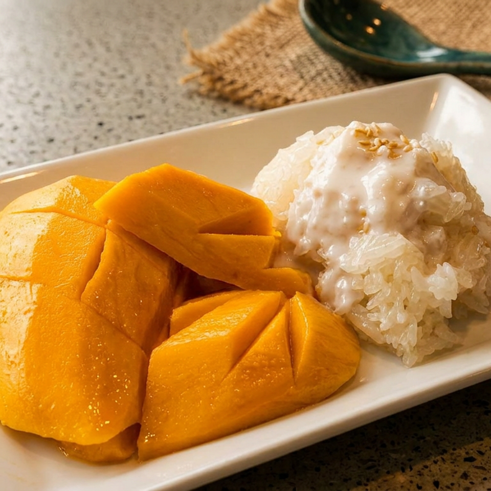 Mango sticky rice with creamy coconut sauce served on a white rectangular plate beside a dark green spoon.