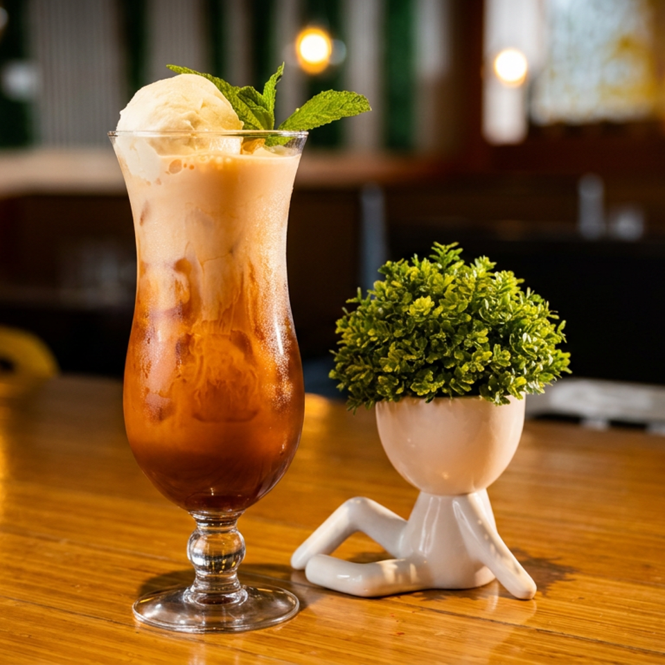 Iced coffee topped with vanilla ice cream and mint sits beside a small potted plant on a warmly lit restaurant table.