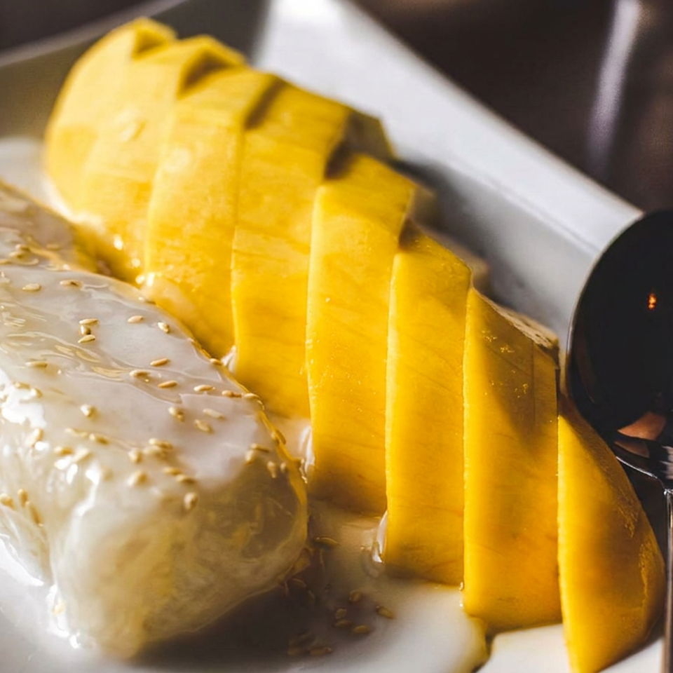 Glazed sesame-coated pastry served with sliced mango on a white plate beside a spoon.