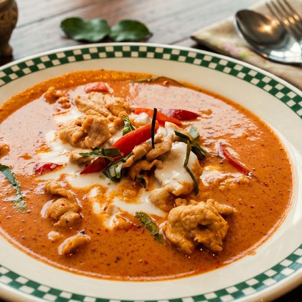 Thai red curry with crispy chicken, coconut cream, chilies, and herbs served on a decorative plate.