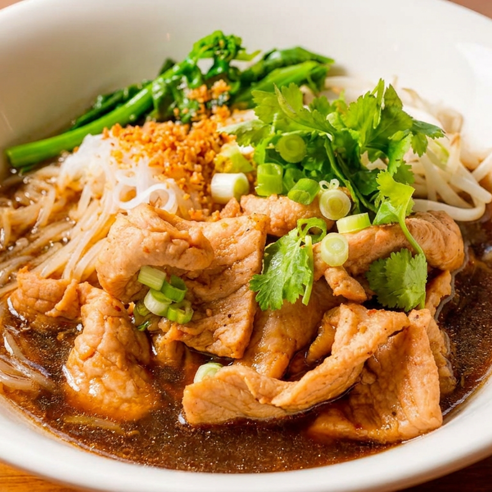 Bowl of rice noodles in dark broth topped with sliced pork, bean sprouts, greens, cilantro, scallions, and crispy garlic.