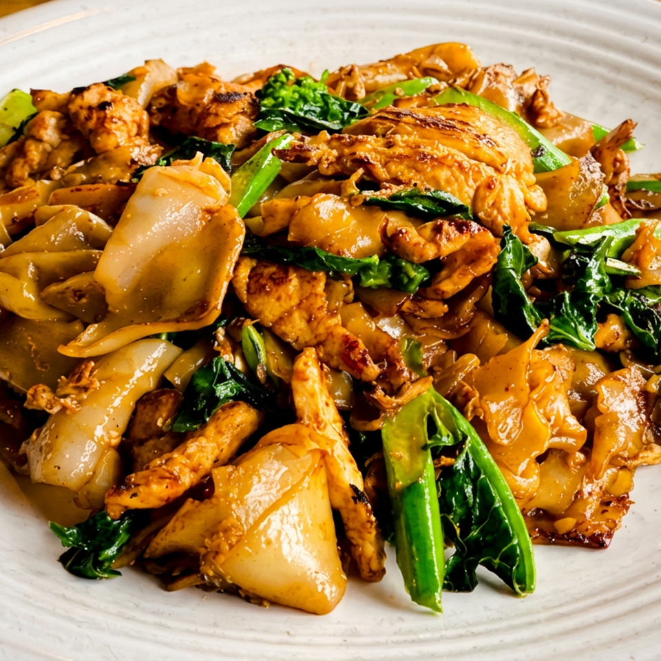 Thai-style stir-fried wide rice noodles with chicken, leafy greens, vegetables, and savory brown sauce on a white plate.