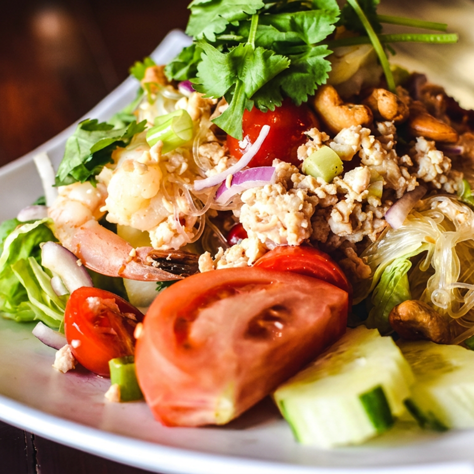 Thai glass noodle salad with shrimp, minced meat, vegetables, tomatoes, cucumber, peanuts, and fresh cilantro on a plate.