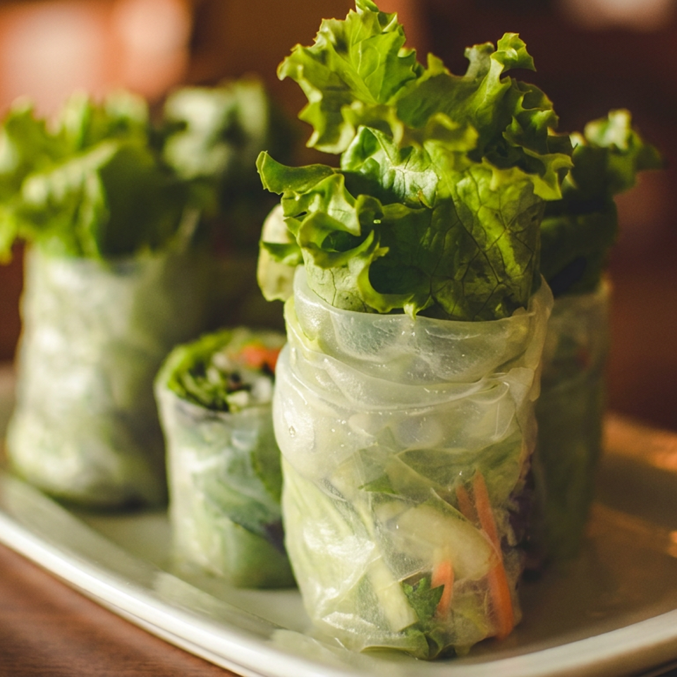 Fresh vegetable spring rolls wrapped in translucent rice paper and topped with leafy lettuce, arranged on a rectangular plate.