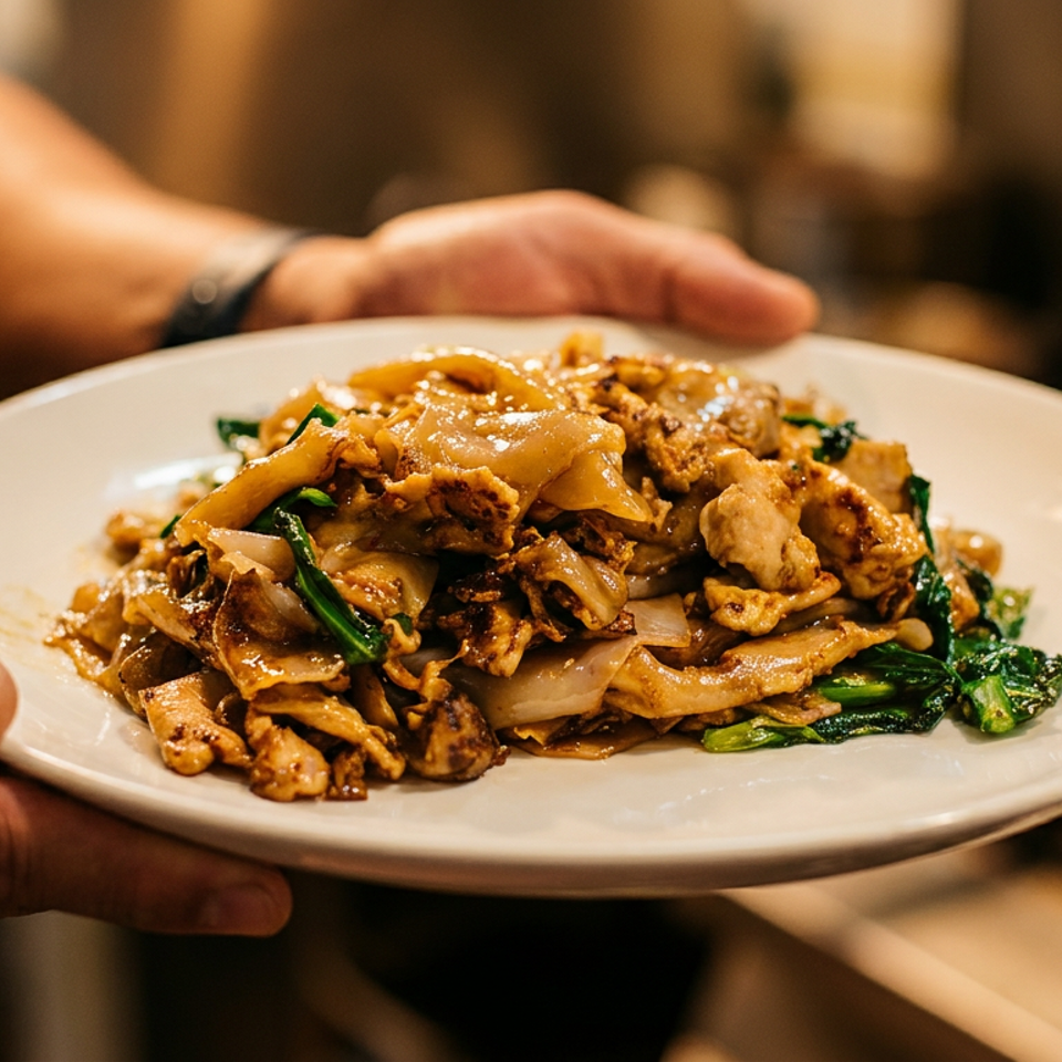 Hands present a plate of stir-fried wide noodles with meat, vegetables, and savory sauce in a warmly lit restaurant.