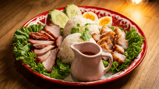 BBQ Pork, Crispy Pork Belly & Rice.