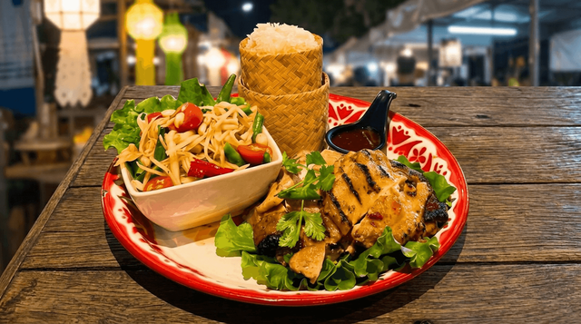 Grilled Chicken, Papaya Salad & Sticky Rice.