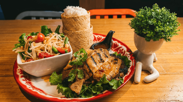 Grilled Chicken, Papaya Salad & Sticky Rice.