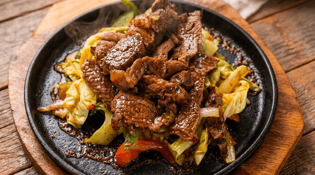 Sizzling BBQ Beef with Basil Sauce.